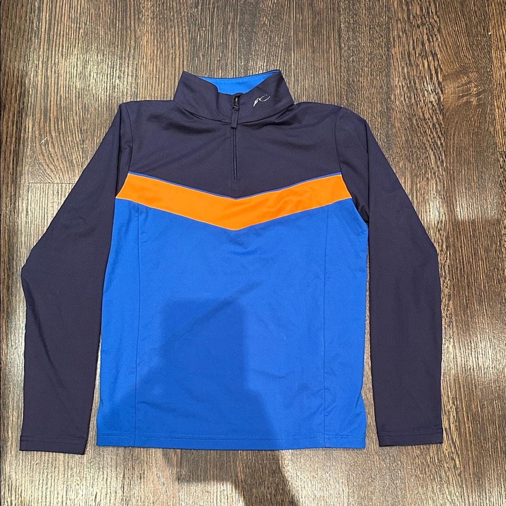 Kjus Ski Midlayer Boys size 8-10 Blue and Orange Quarter-Zip Pullover